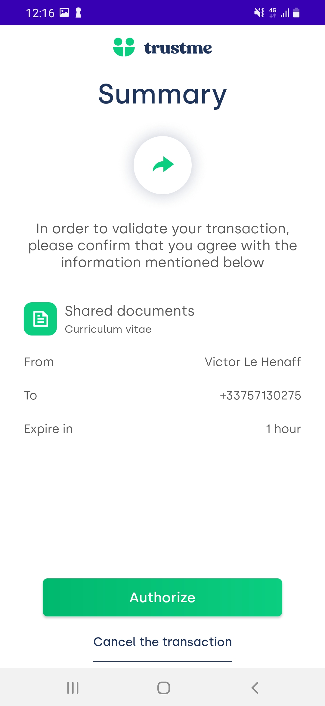 Data transfer confirmation TrustMe