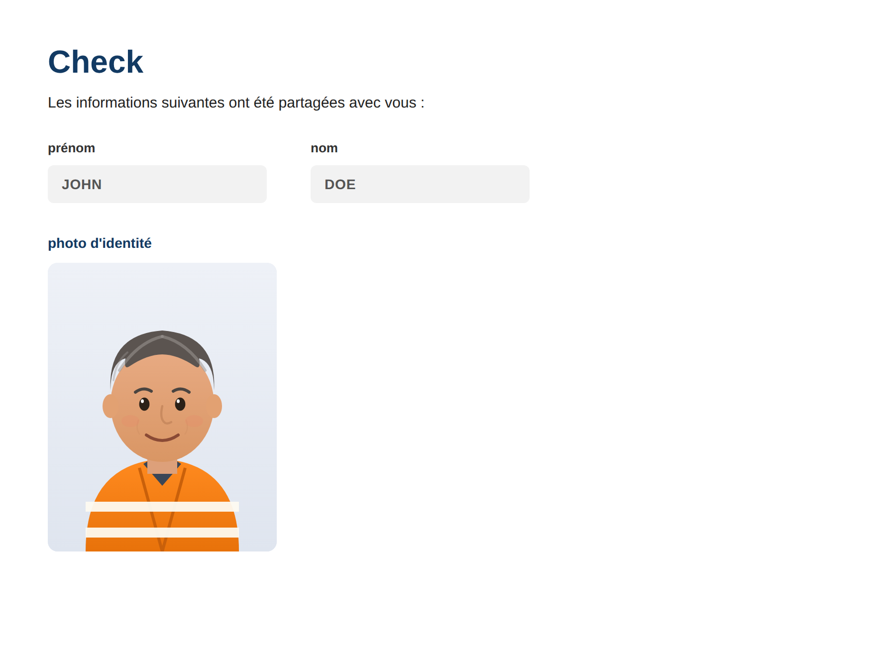 Écran Check TrustMe : identité partagée après scan — prénom, nom et photo, avec un agent en tenue haute visibilité