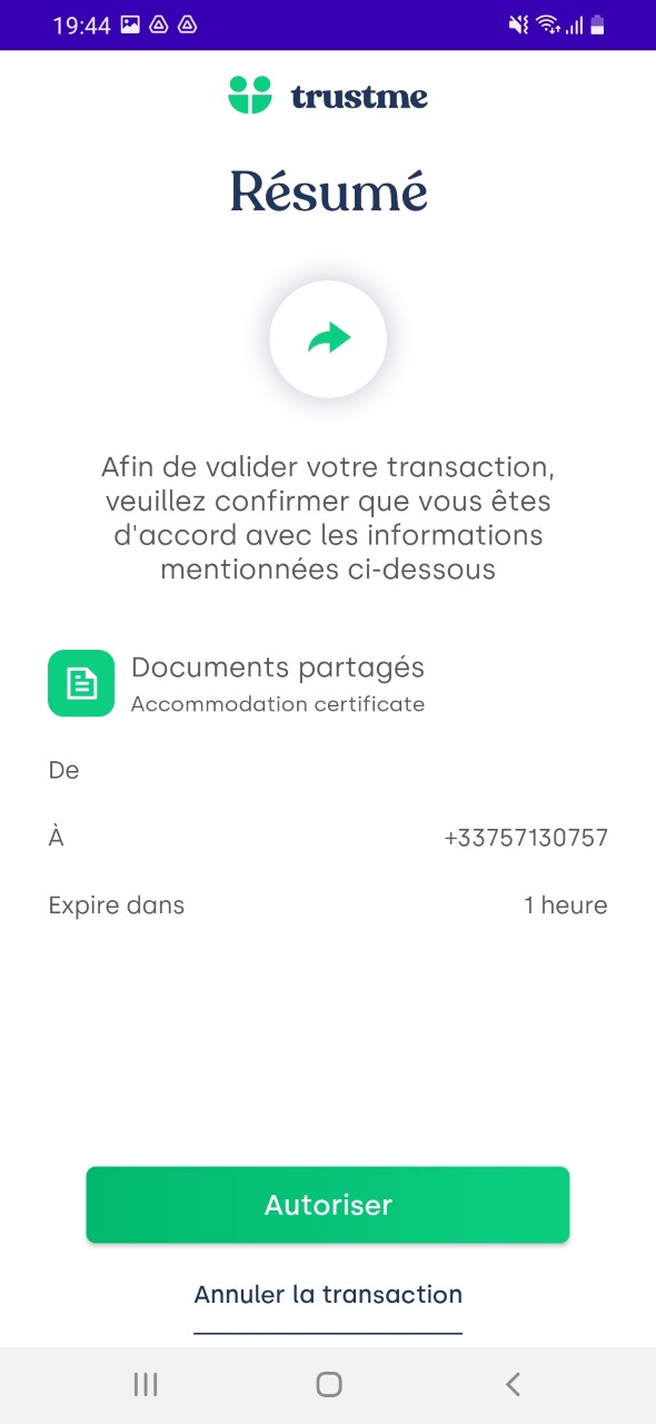 Autorisation finale transfert TrustMe